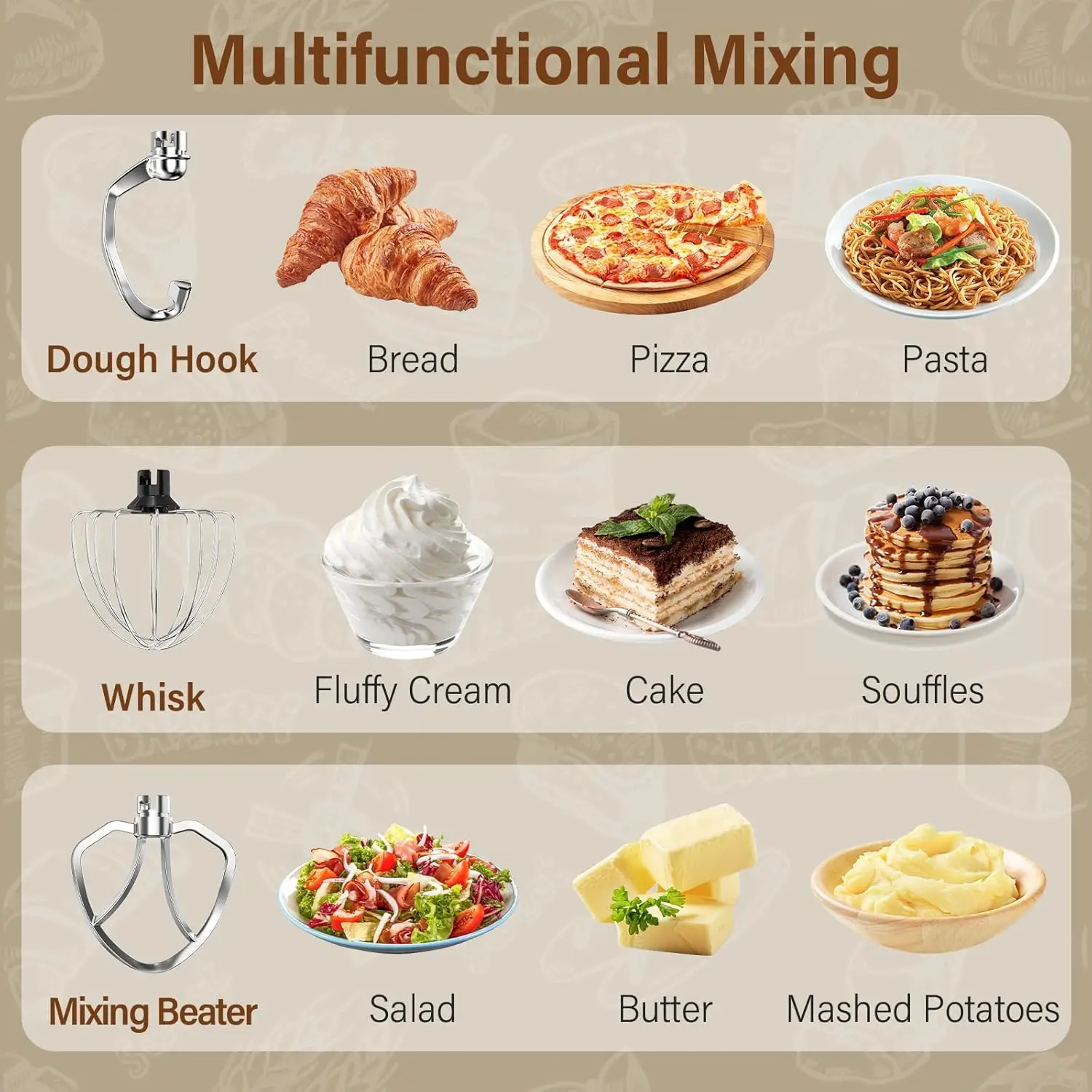 Misturador de alimentos com cabeça inclinada 3 em 1, 10 velocidades, 5,5QT, misturador elétrico com tigela, gancho de massa, batedor e batedor, misturador de cozinha para assar, bolo