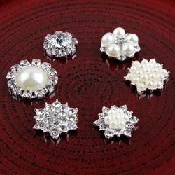 (10pcs/lot) 6 Styles Cute Trendy Handmade Metal Rhinestone Pearl Button Clear Artificial Alloy Crystal Flatback Wedding Buttons