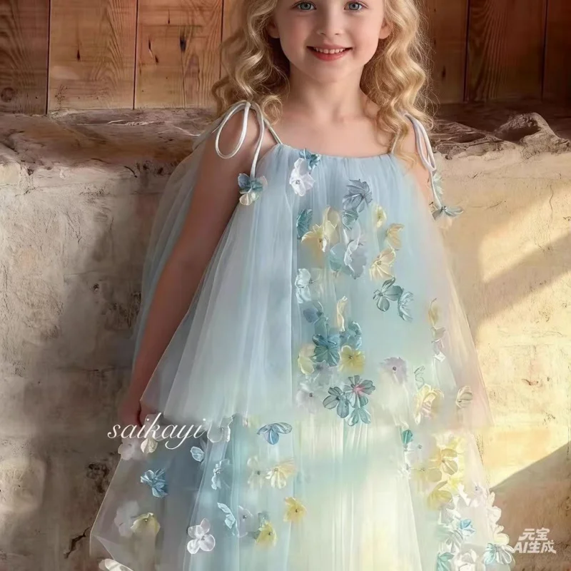 

Корейское платье для девочек 2026: Летнее платье-фея с лепестками, детское платье с бретельками и сеткой, платье принцессы