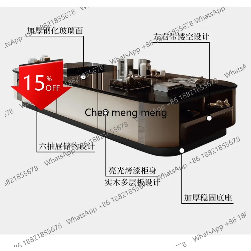 

A139 Modern style 1.8 meters large coffee table solid wood multi-layer paint with hollow tempered glass countertop