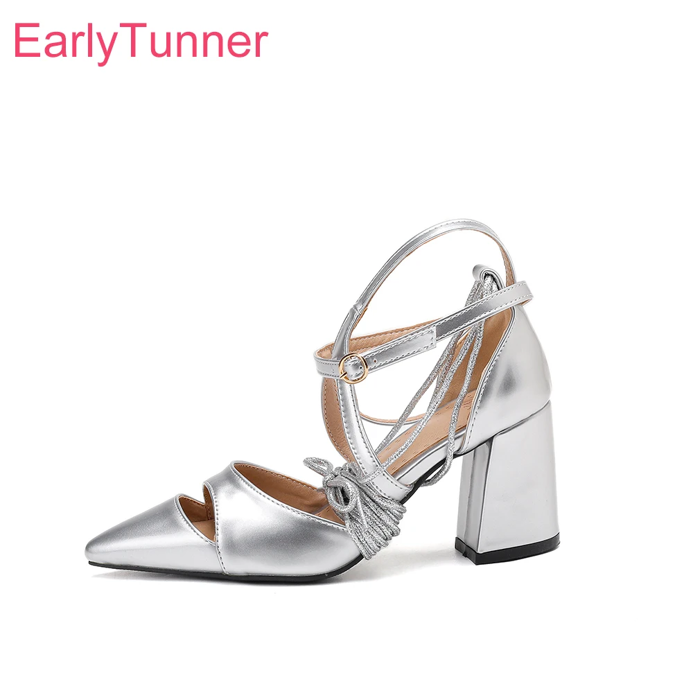 

2026 Summer Y2K Silver Women Gladiator Sandals Pointed Toe High Block Heels Leg Wrap Lady Shoes Plus Size 12 43 48