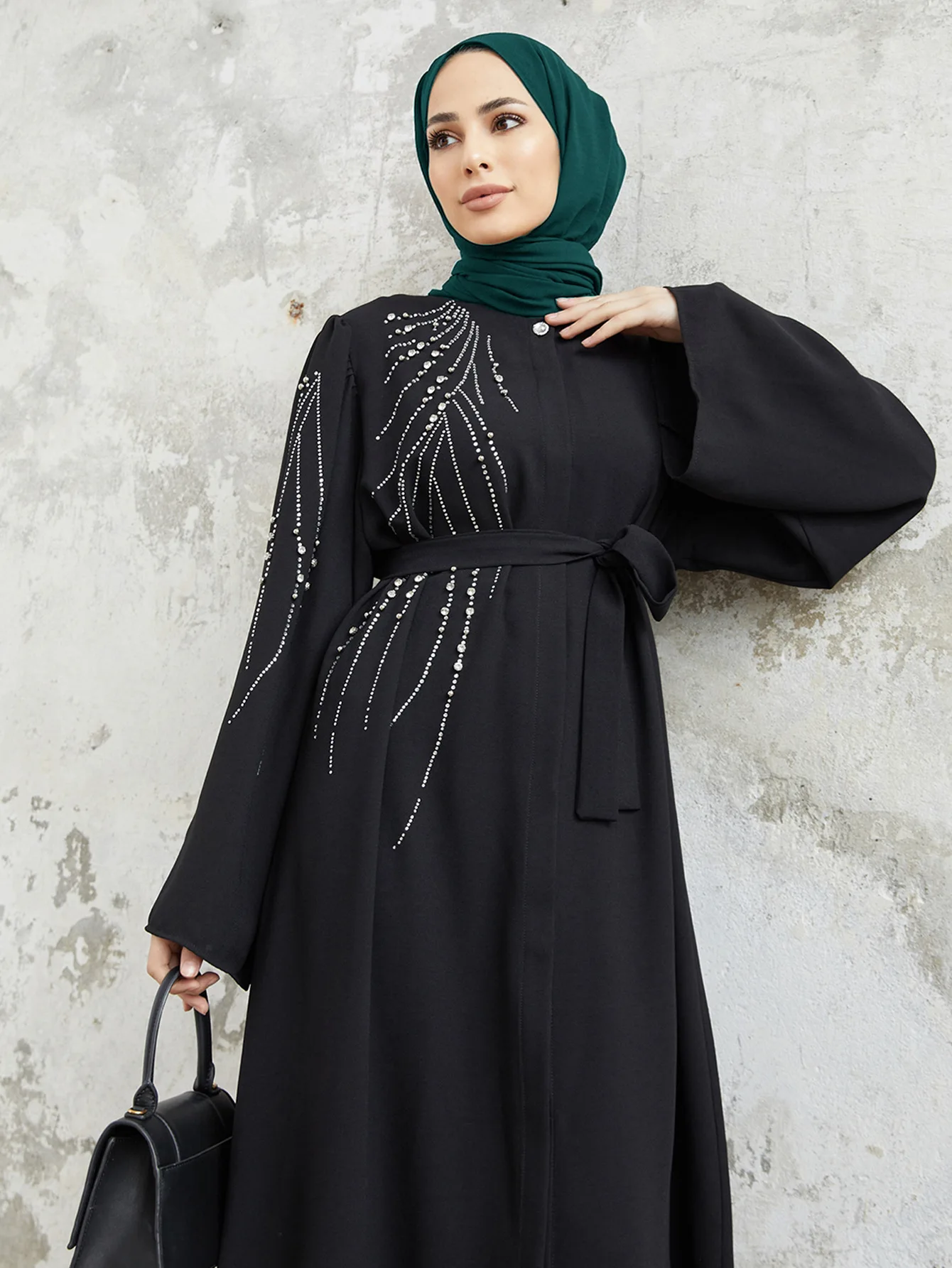 Mandylandy Abaya Middle Eastern Robe Women\'s Muslim Dress Turkey Dubai Caftan Islamic Clothing Beaded Hot Diamond Dress Abaya