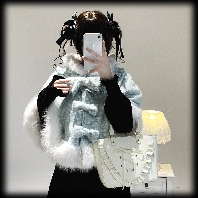 Japanese Sweet Original Bowknot Cat Ear Hooded Fleece Small Cape Coat Women's Clothing Kawaii Sweet Ponchos Lolita Style Jacket