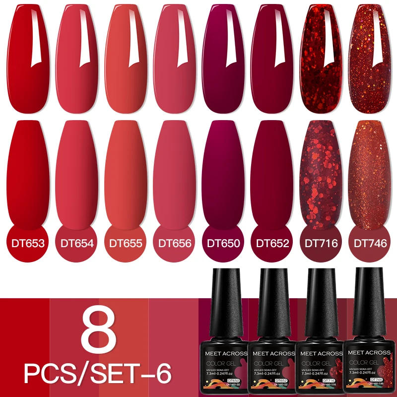 

8pcs 7.3ml Red Series Gel Nail Polish Set Glitter Gel Nails Semi Permanent Varnish Soak Off UV LED Gel Nail Art Base Top Coat