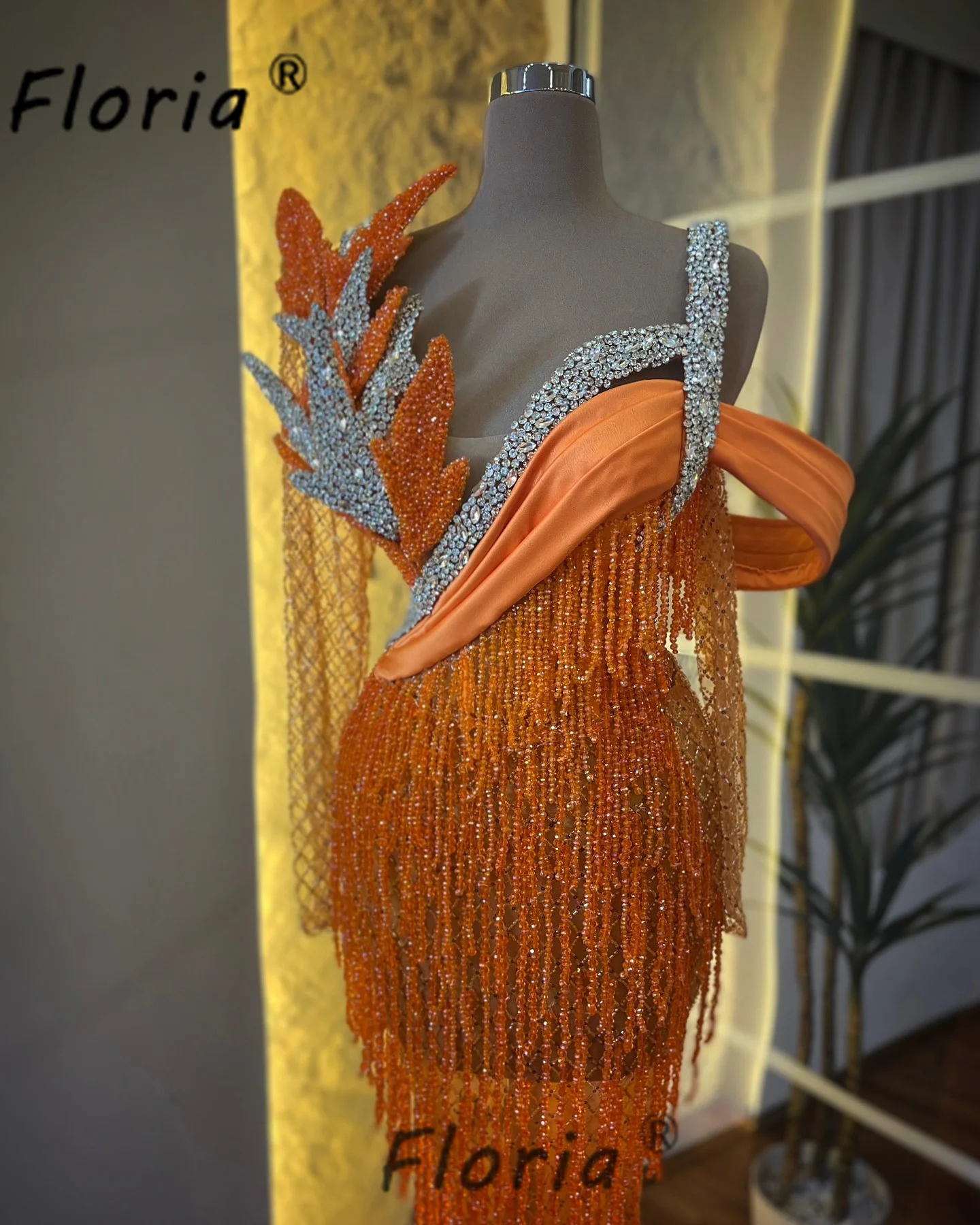 Special Design Fully Fringes Tassel Orange Floor Length Evening Dress Applique Beaded Long Sleeve Formal Dresses Customized Gown