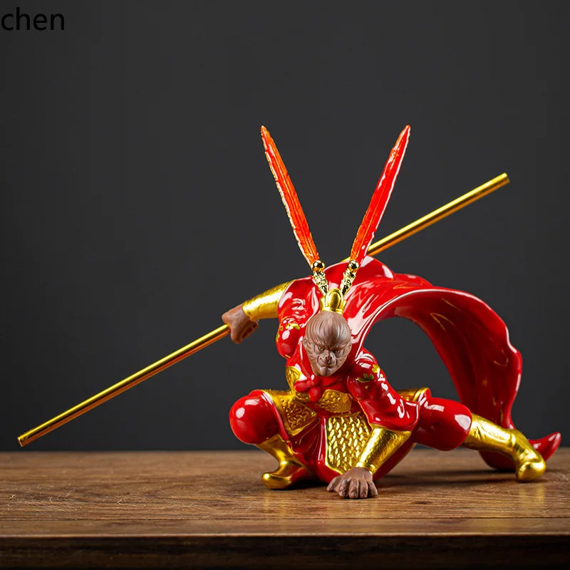Cz creative tea pet ornaments table sun wukong monkey king fighting buddha zen style tea table room decorations
