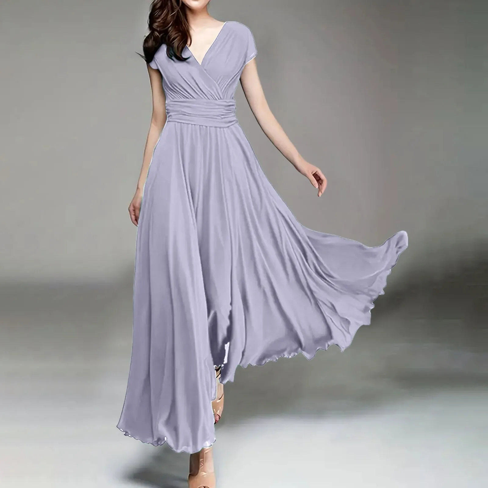 

Elegant Women Long Dress V-Neck Short Sleeve Ruched Maxi Dresses Solid Color Large Swing Temperament New Dress Daily Streetwear