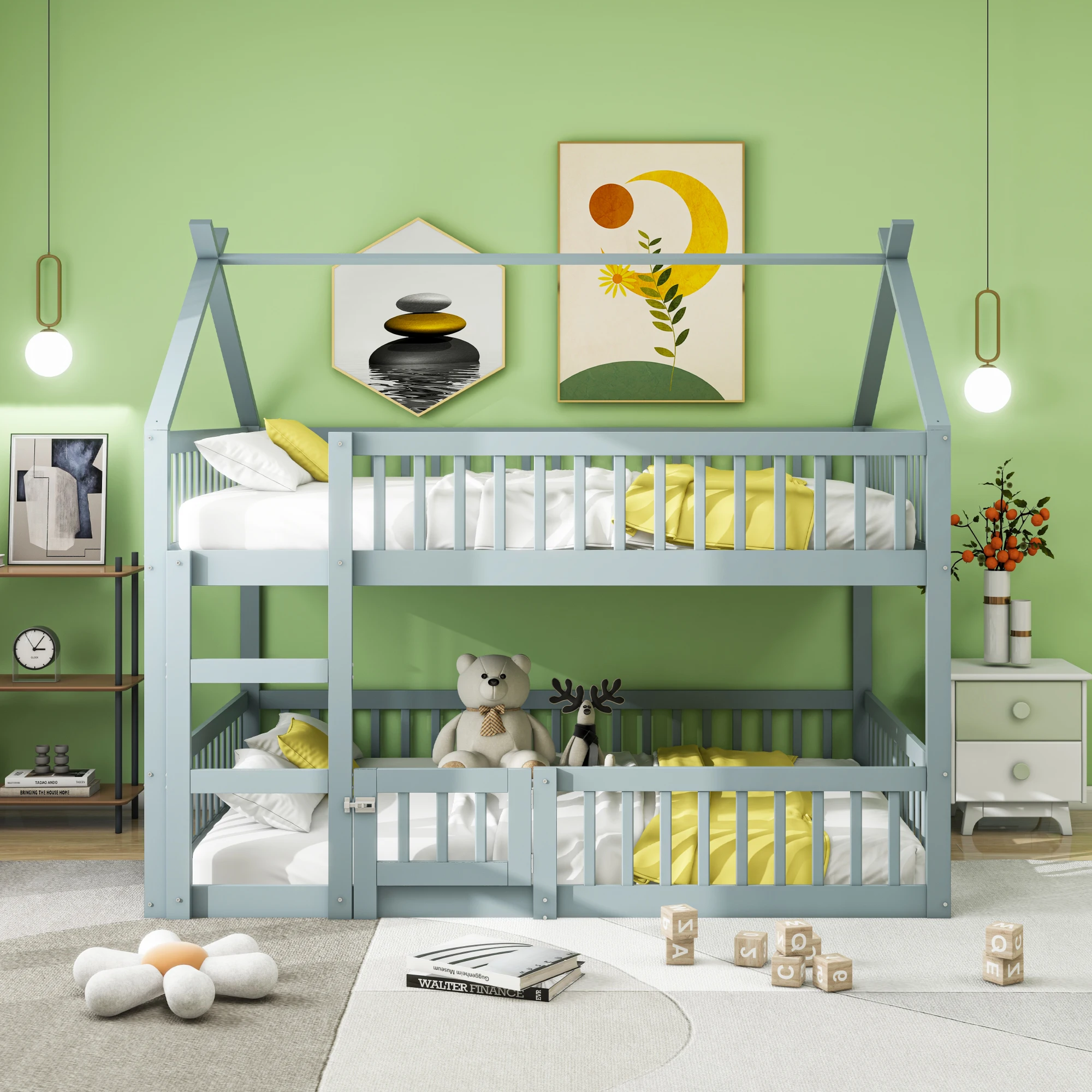 Children Floors bed 140*200 Children Family bed Floor bed with Staircase Loft Design Solid Wood Tin Bed Frame Grey