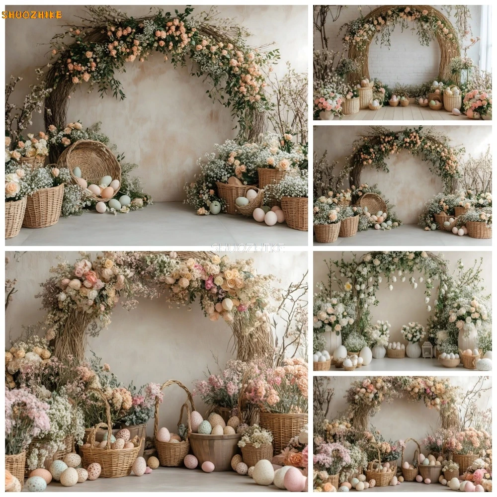 

Spring Easter Backdrop Boho Style Flower Arch Door Eggs Kids Birthday Party Portrait Decor Photography Background Photo Studio