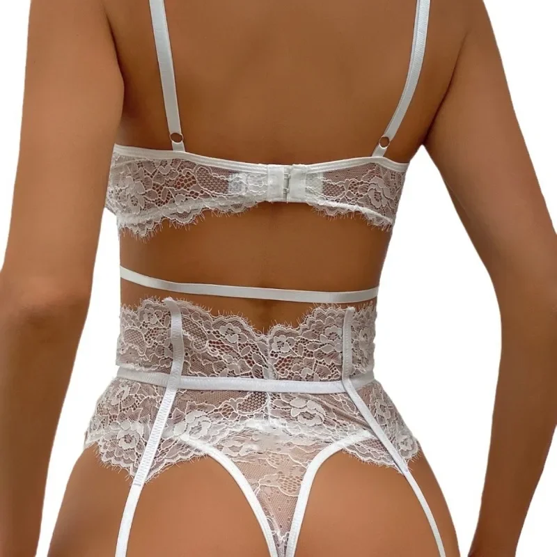 Sexy Underwear Hanging Neck Strap Socks Fashion Lace Eyelashes Stitching Three -piece Suit Erotic Lingerie Intimate Female Set