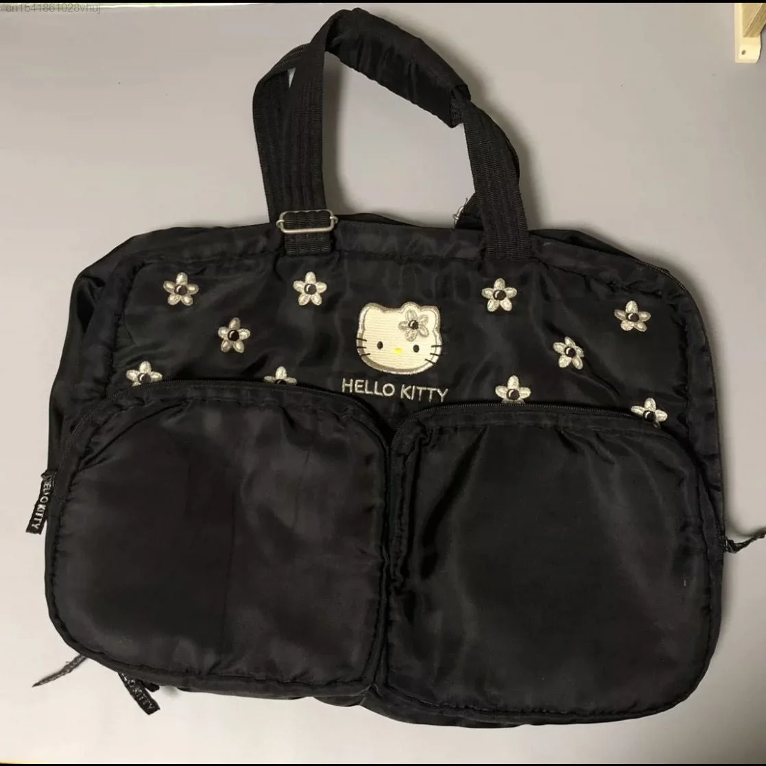 Sanrio Hello Kitty Black Embroidered Makeup Bag 2000s Aesthetic Gothic Storage Bag Female Large Capacity Portable Handbag Yk2