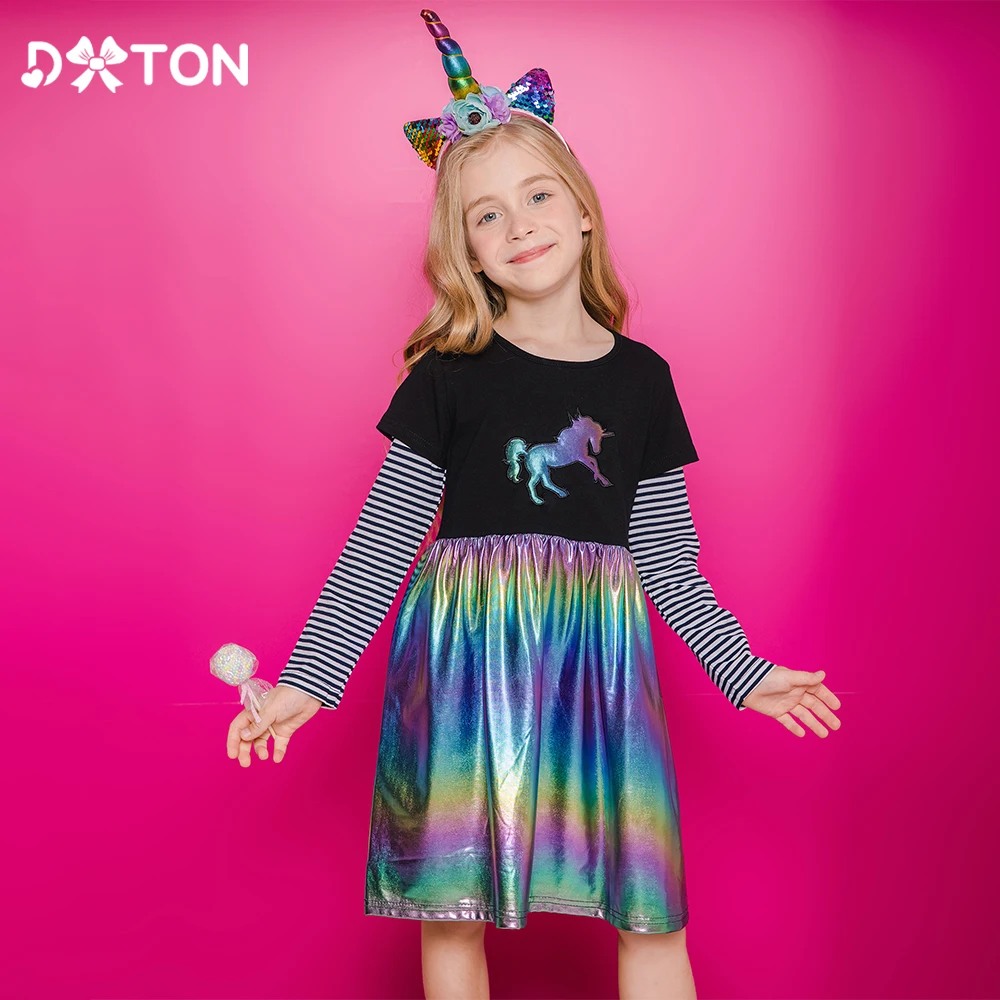 DXTON Winter Kids Dress For Girls Striped Long Sleeve Children Dresses Licorne Patchwork Dress Cotton Children Toddler  Costumes