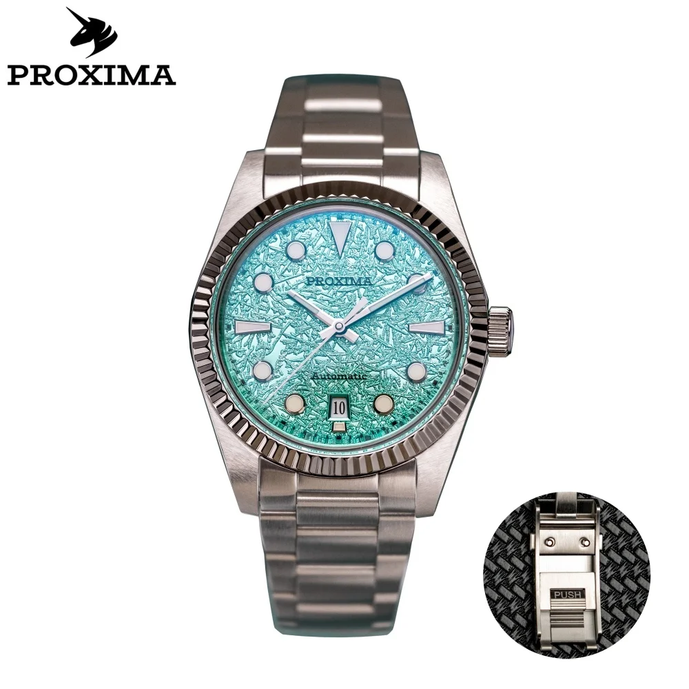 2024 Proxima PX1700-2BN Men Watch 37mm Fashion Ice Flower Texture Dial Sapphire Automatic Mechanical Carving Fluted Bezel