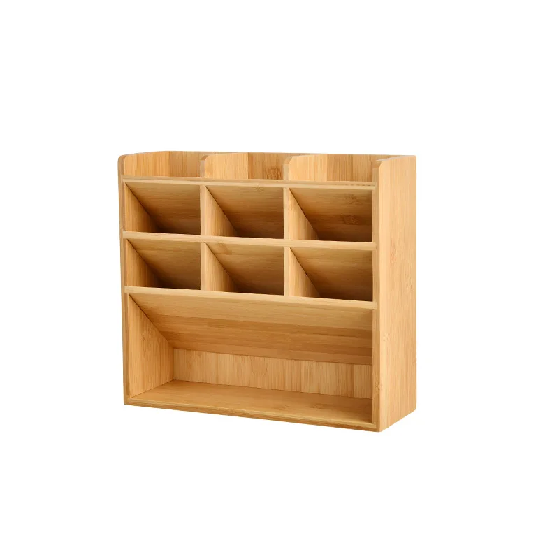 Natural Bamboo Multifunctional Grid Storage Container, Desktop Box, Oblique Plug-in Pen Holder, Rotatable Rack