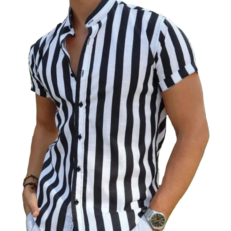 Summer New Mens Black White Vintage Striped Shirts Fashion Casual Stand Collar 90% Cotton Short Sleeve Shirt For Men Oversized