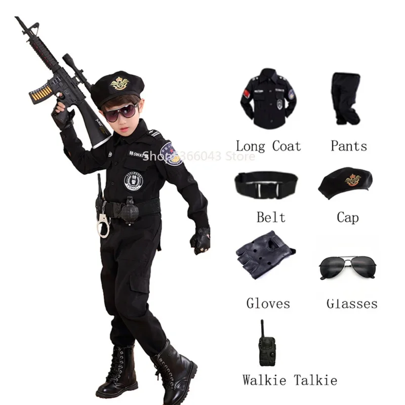 Halloween Policial Cosplay Traje para Crianças, Uniforme da Polícia para Meninos e Meninas, Conjuntos de roupas do exército para crianças, Party Dress Up Gift