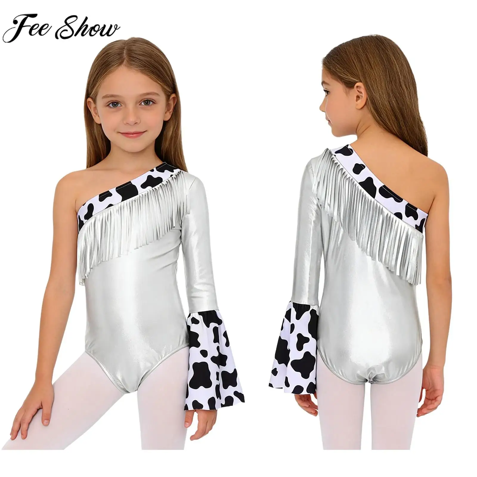 Kids Girls Western Cowgirl Cosplay Costume One Shoulder Fringe Metallic Bodysuit Gymnastics Dance Leotard for Halloween Carnival