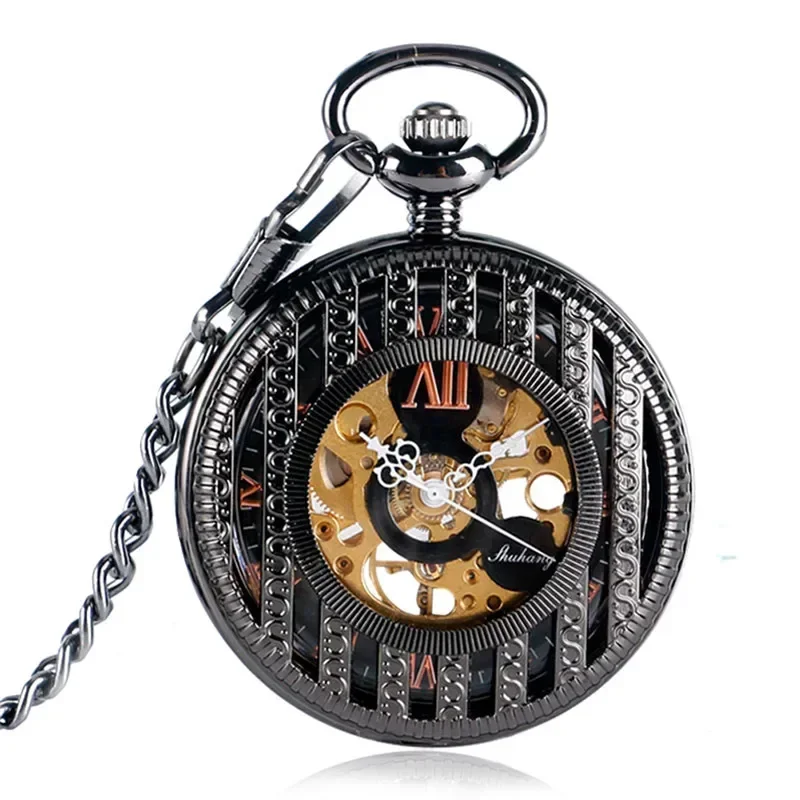 Antique Silver Black Unisex Pocket Watch Handwinding Mechanical Skeleton Watches Roman Number Clock with Pendant Chain Reloj