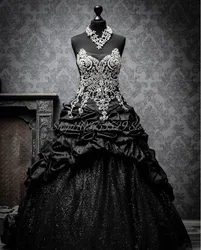 Exquisite Black Gothic Wedding Glitter Sheath Appliqué Sequins Lace-up Corset Pleated customsizePrincess Poncho Victorian Bridal