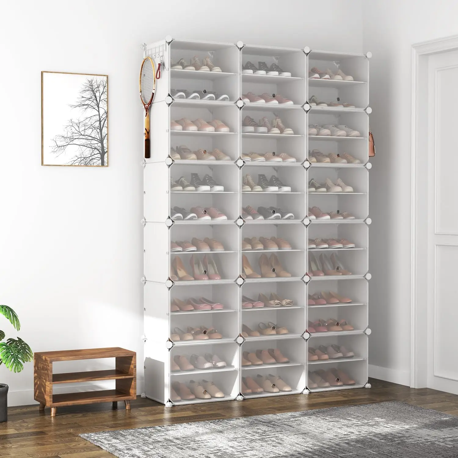 Portable Shoe Rack Organizer with Door, 72 Pairs White Storage Cabine Covered  Rack  Organizer