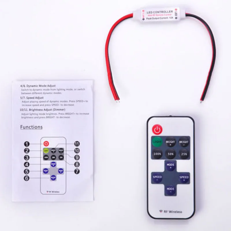 12V RF Wireless Remote Dimmer Switch for LED Strip Lights Features 10 Levels of Brightness and Speed Adjustments