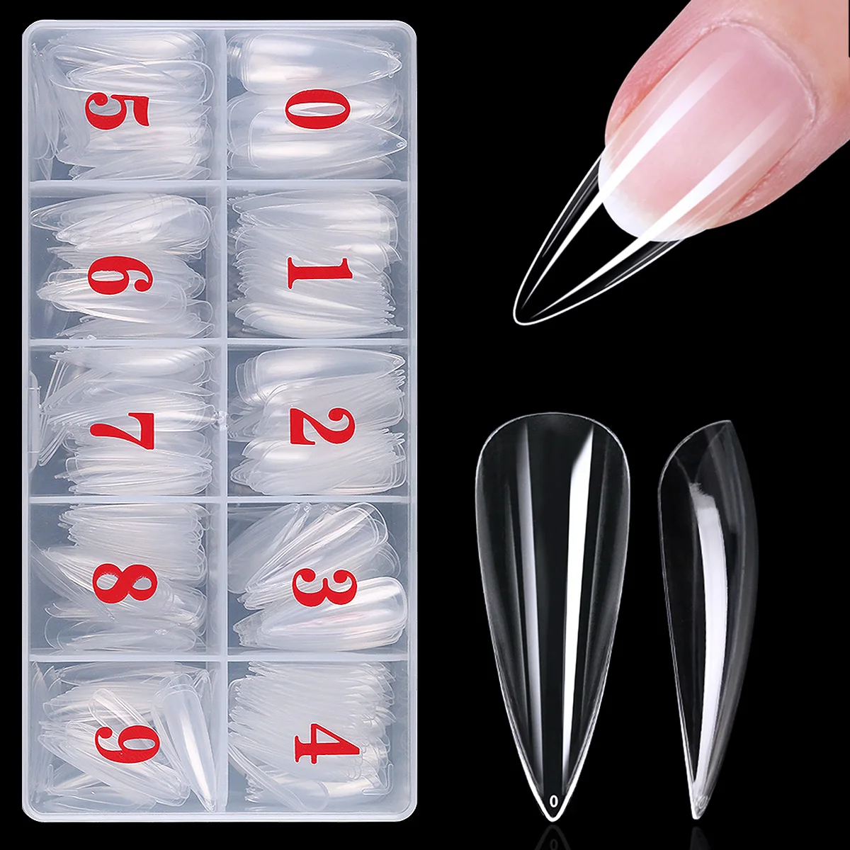 500pcs/box Stiletto Nail Tips Transparent False Press On Acrylic Nails Mixed Size Fake Nails DIY Manicure Extension Tools