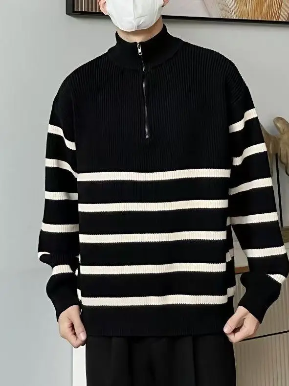 

Свободный мужской вязаный свитер в полоску с воротником-стойкой, осень-зима, большие размеры, удобное теплое пальто из полиэфирного волокна