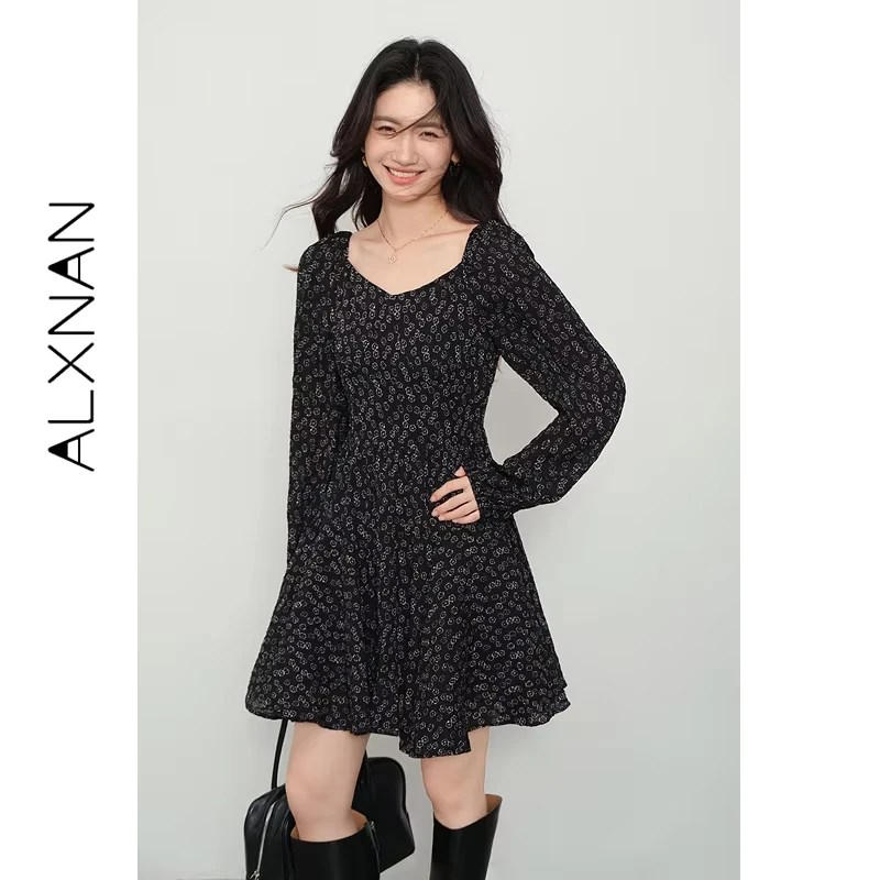 

ALXNAN Black Floral Dress Women's Autumn Long Sleeve V-neck Elegant Dress 2026 Fashion French Holiday Office Lady Dresses L57136