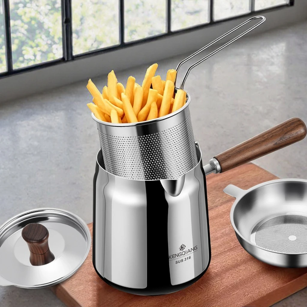 Olla para Tempura Multifuncional de Acero Inoxidable 304, Diseño Ahorrador de Aceite, Más Alta y Profunda, con Asa de Madera, Apta para Gas/Inducción