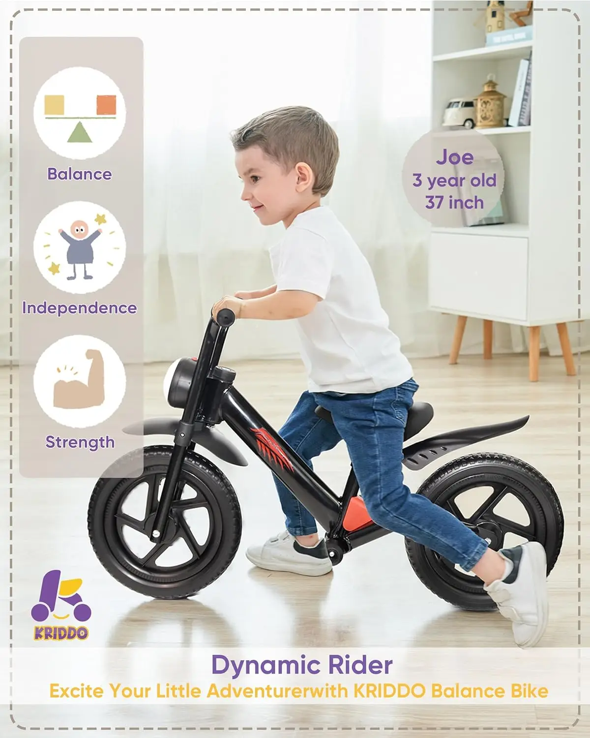 Kids Balance Bike for 2-5 Years, with Front Light, Upgraded Tires for All Terrain, Upgraded Bearing for Smooth and Stable Riding