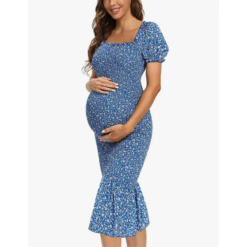 Ropa de maternidad para mujer, Vestido de manga corta con estampado de cuello cuadrado, accesorios para sesión de fotos, vestidos largos por debajo de la rodilla