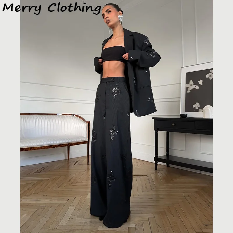 Black Sequin Embroidery Blazer 2-Piece Sets Women Chic Full Sleeve Lapel V-neck Loose Coats Wide Leg Pants Set Lady Spring Suits