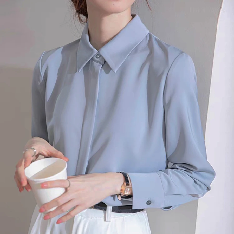 بلوزة نسائية من الساتان بأكمام طويلة قمصان عصرية فرنسية بلون سادة ملابس مكتب للسيدات قمصان نسائية أنيقة ملابس نسائية كورية