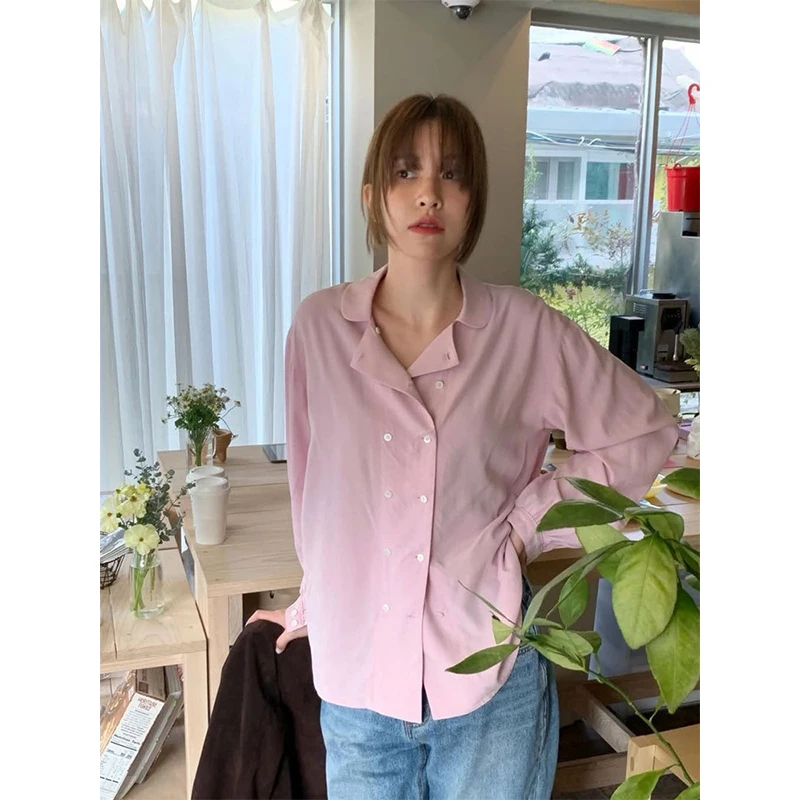 

Anti-Aging Dongdaemun 26 Spring Doll Collar Double Button Pure Color Casual Long Sve Women's irt Straight Tube Sle