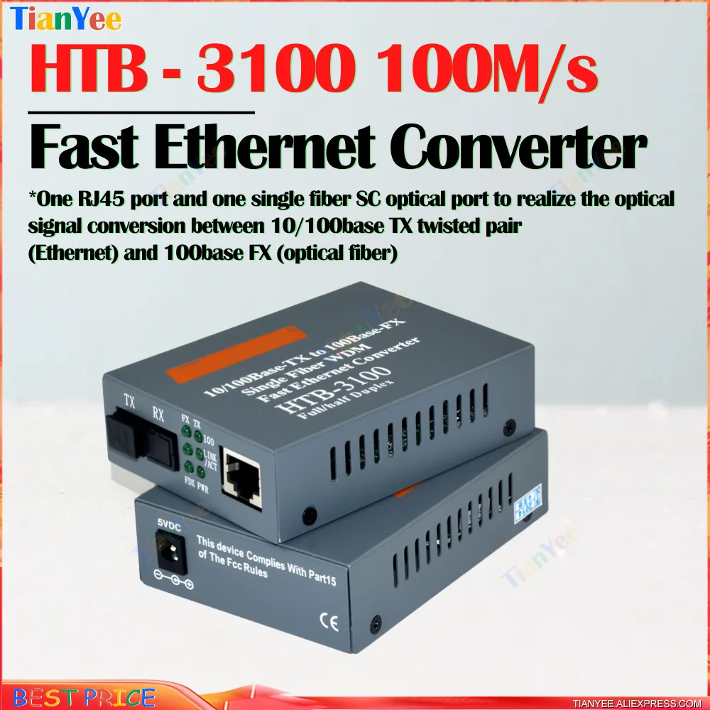 Pair HTB-3100 Media Converter 100Base TX to FX Single fiber WDM Fast Ethernet Converter SC 20KM External Power Supply 100M/s