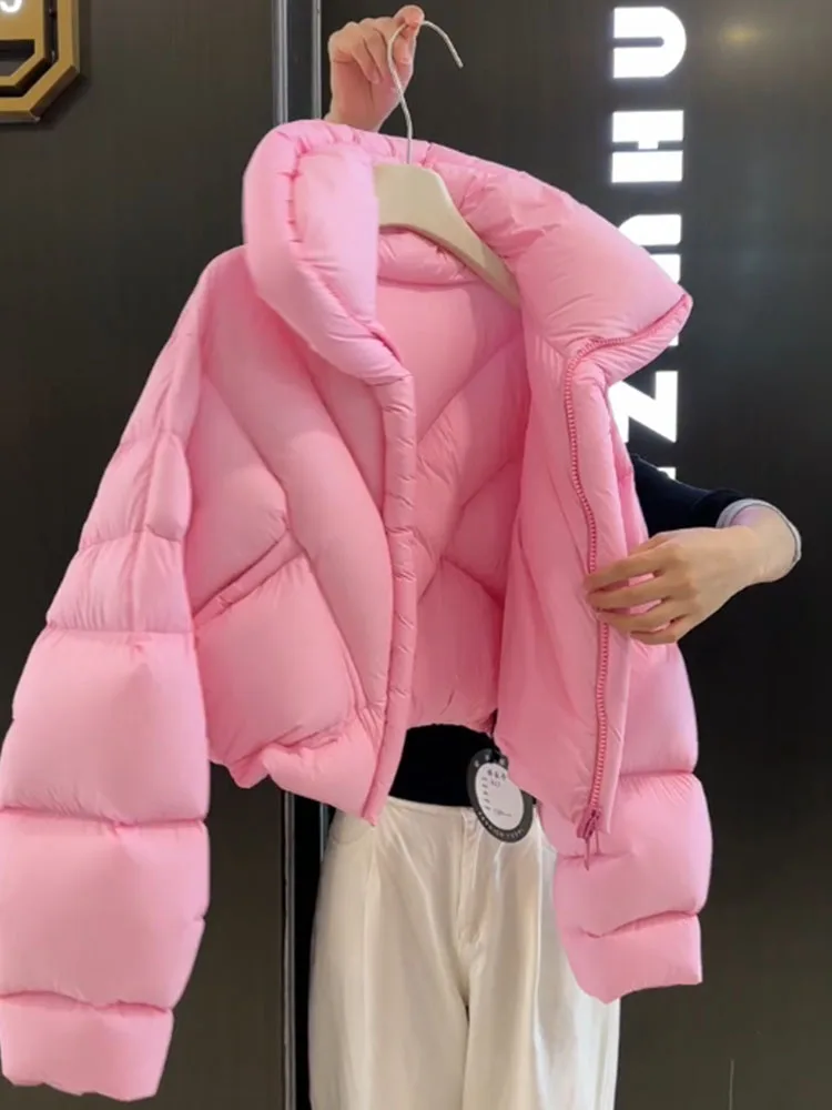 Coréen Sle ort rose vers le bas Jaet femmes hiver Thiened pain Sle col montant manteau Ci décontracté longue fermeture éclair