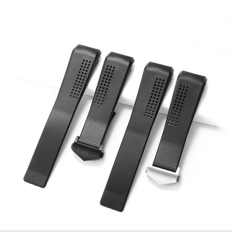 20 22mm Curved End Silicone Rubber Watch Strap Fit For TAG Heue Carrera Calibre Watchband Classic Black Folding Clasp Bracelet