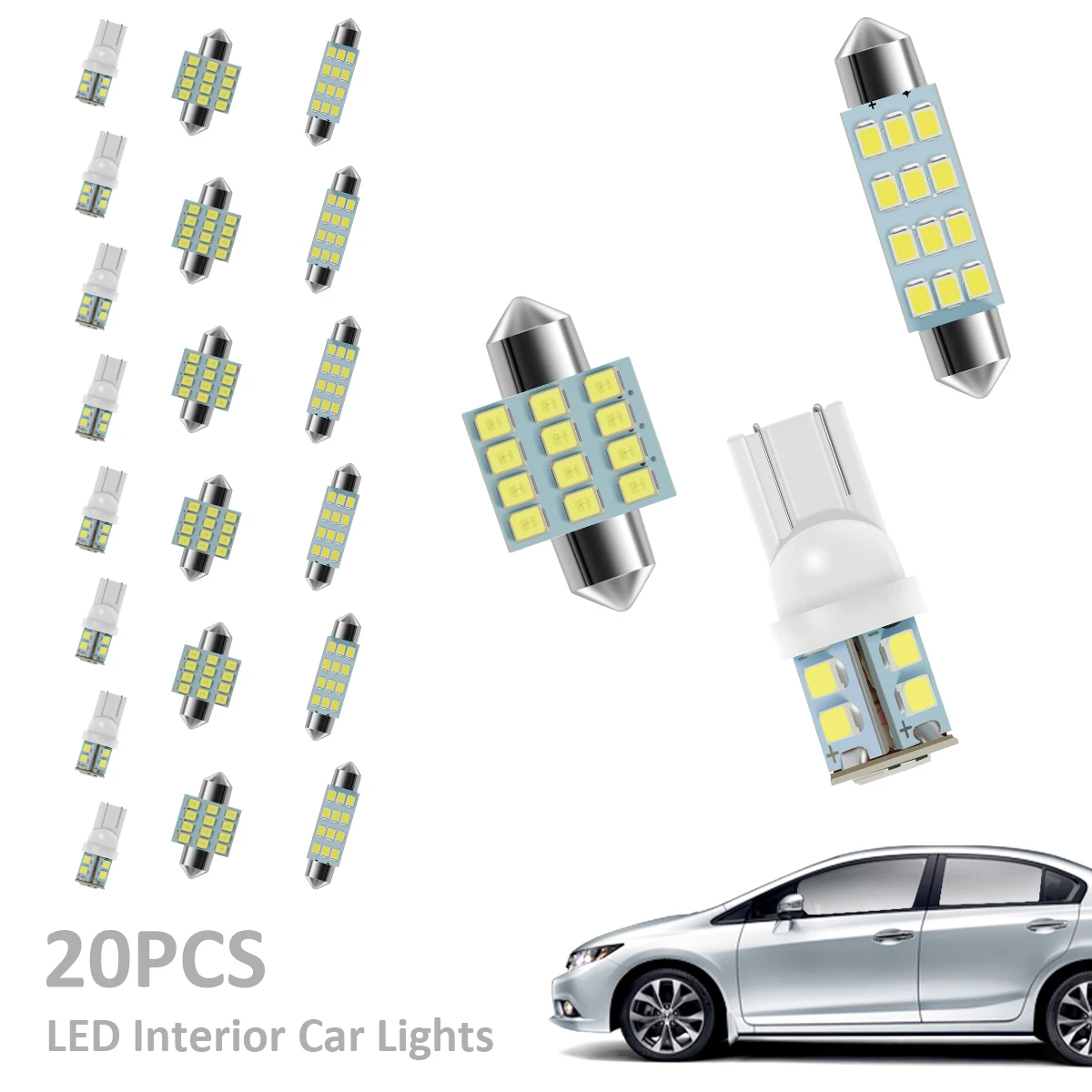 Kit de bombillas LED para coche T10 Dc 12v, luz Interior para coche, luz de techo, luz de matrícula, luz de techo, luz de maletero, 20 piezas