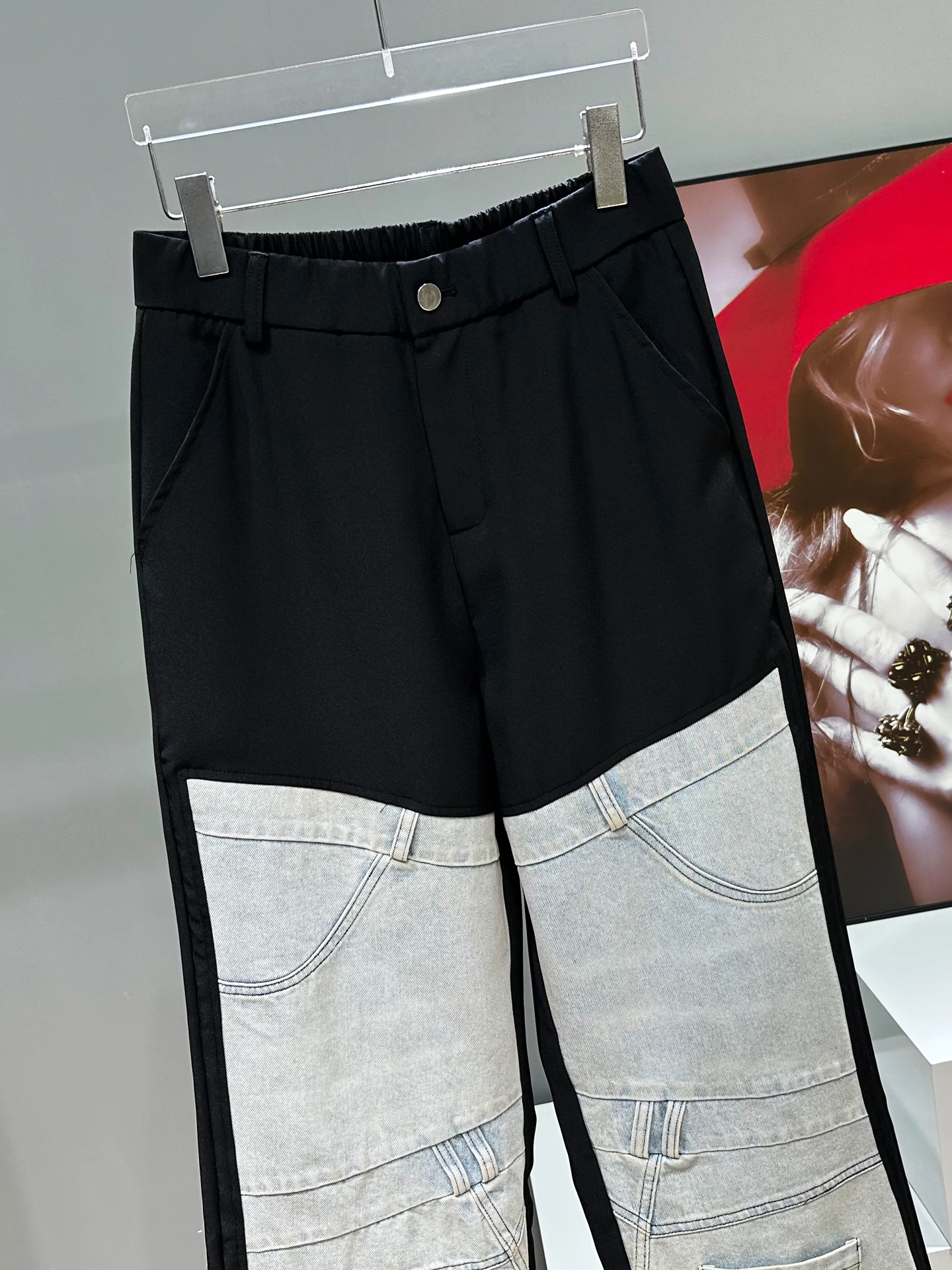 Men's 2025 Fashion High Street Pocket Decorative Denim Spliced Trousers Men's Handsome Straight Pants Trendy Male Loose Trousers