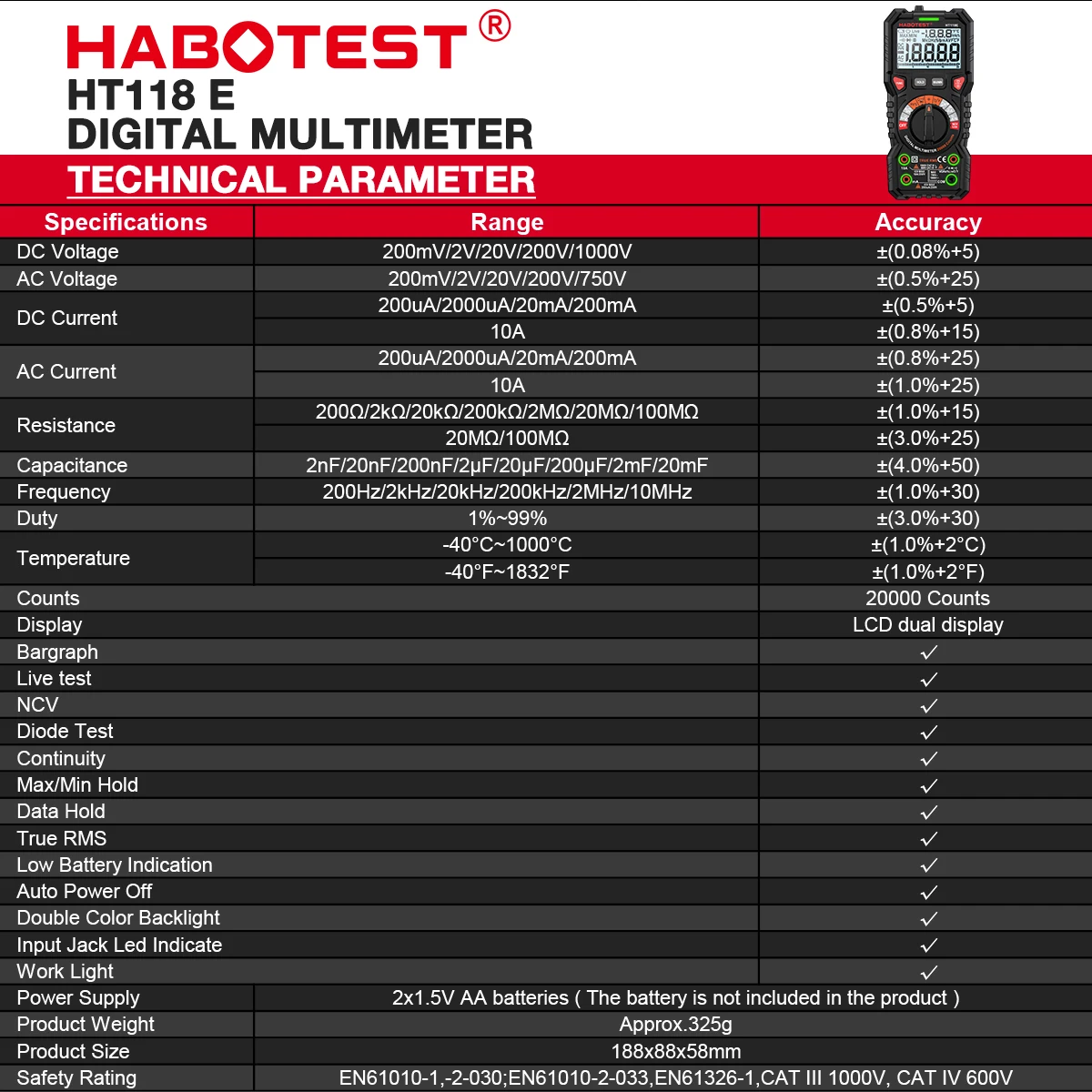 HABOTEST HT118 Digital Multimeter Ture RMS Auto Range NCV Hz 1000V AC/DC 6000 Counts Professional High Precise Multimetro Tester