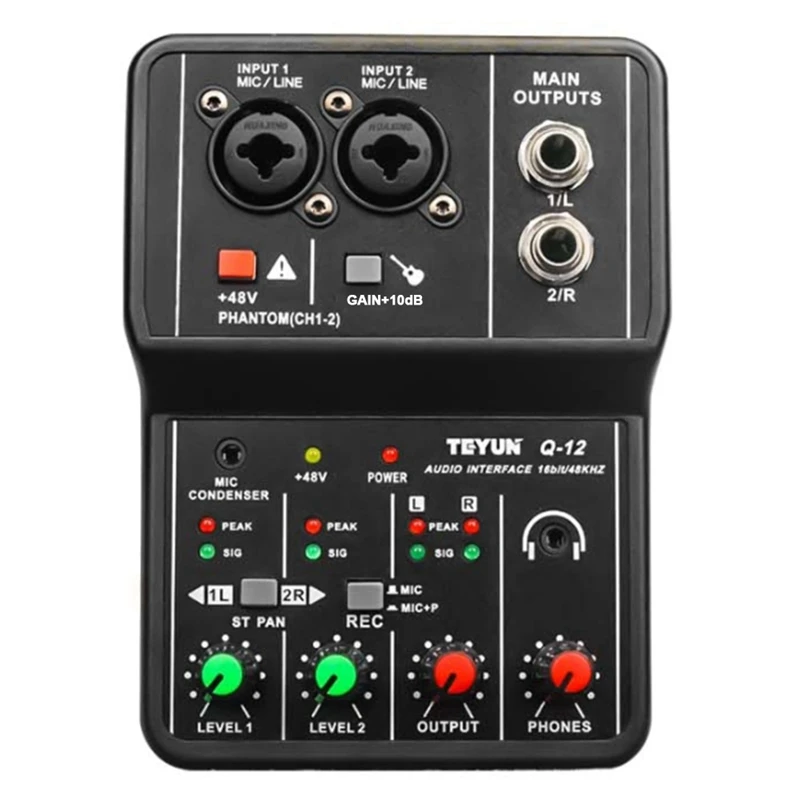 

TEYUN Q-12 Sound Card Audio Mixer Sound Board Console Desk System Interface 4 Channel 48V Power Stereo Computer Sound Card