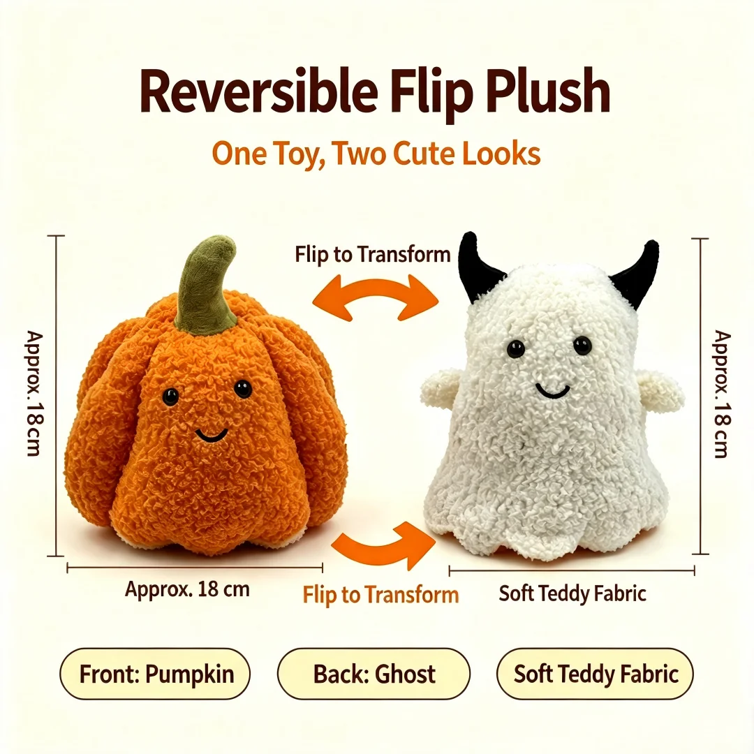 18CM Reversible Pumpkin Ghost Plush Toy 2in1 Flip Design Soft Stuffed Doll Halloween Christmas Decor Cute Gift for Kids Adults