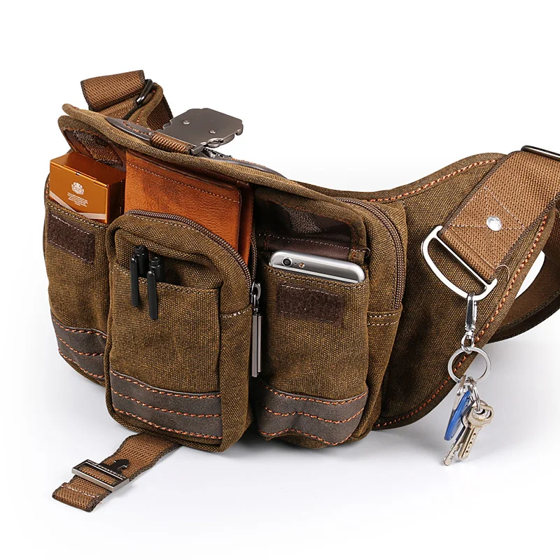 

Ruil Retro Canvas Waist Bag Men Fashion Multi-Functional Pockets Leisure Travel Phone Bag Vintage Walking Mountaineering Package