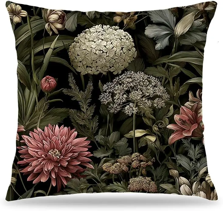 Dark Vintage 1pcsFloral Pillow Cover 18x18 Double-Sided, Dark Cottagecore Pink Wildflower Botanical Decorative Throw Pillow Cove