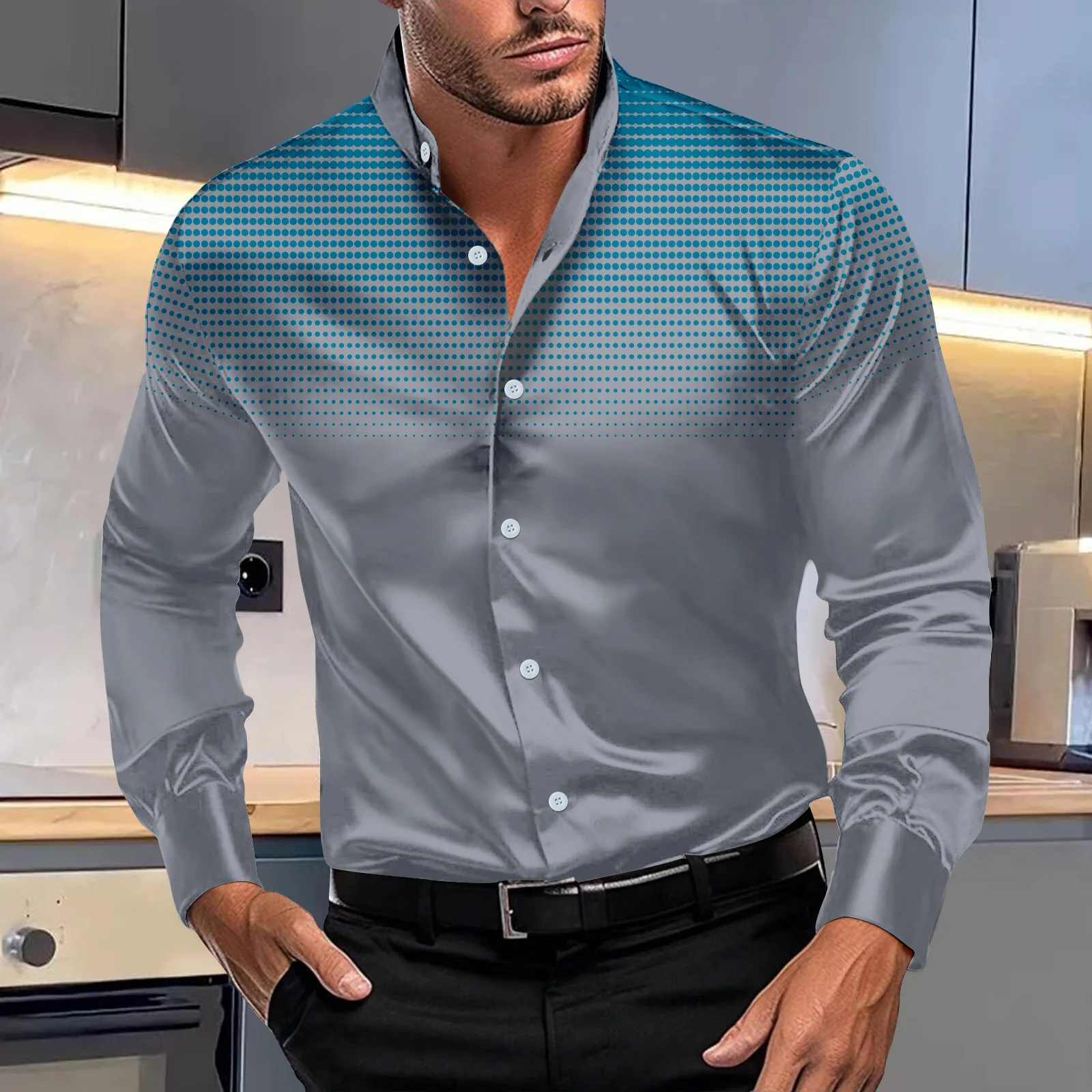 Camicia a maniche lunghe con colletto in piedi comoda stampa moda casual a pois elastici su quattro lati da uomo primavera e autunno