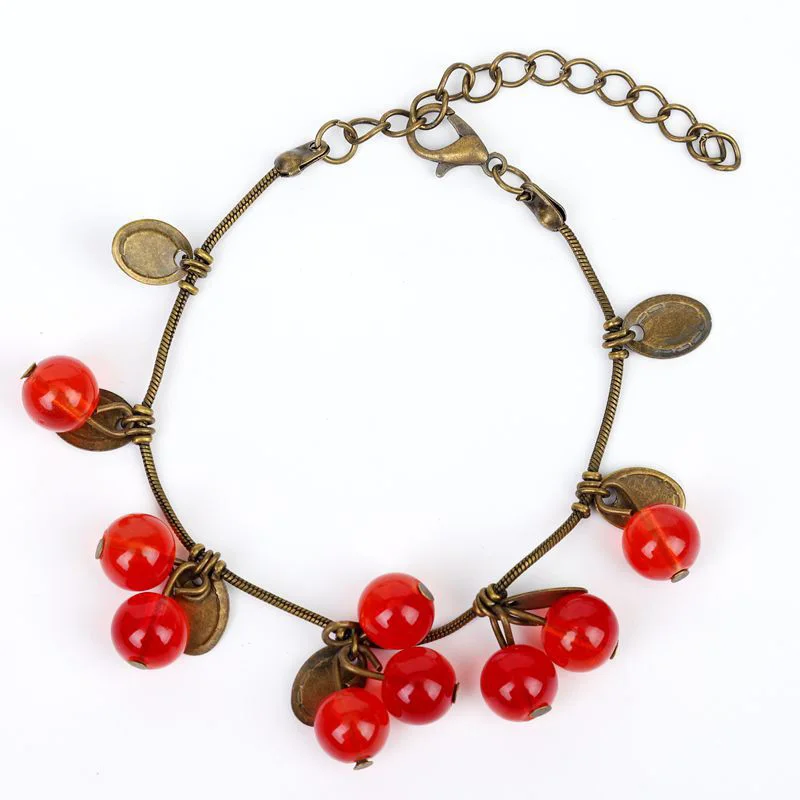 New Vintage Bracelet Jewelry for Women Sweet Cherry Pendant Hand Chain Girl Ethnic Style Antique Copper Color Decorative Bracel