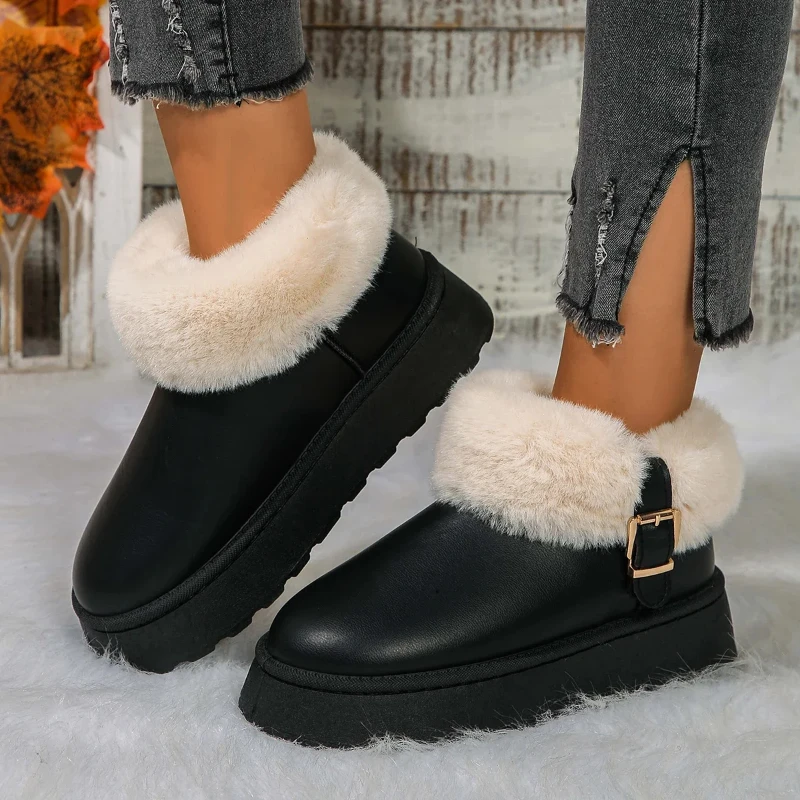 

Pu Leather Waterproof Snow Boots for Women 2024 Winter Warm Plush Platform Ankle Boots Woman Thick Bottom Faux Fur Cotton Shoes