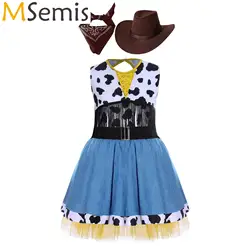 3Pcs Girls Halloween Western Cowgirl Cosplay Costume Dress Up Cow Print Fringe Tutu Dress with Cowboy Bandanna and Hat Set