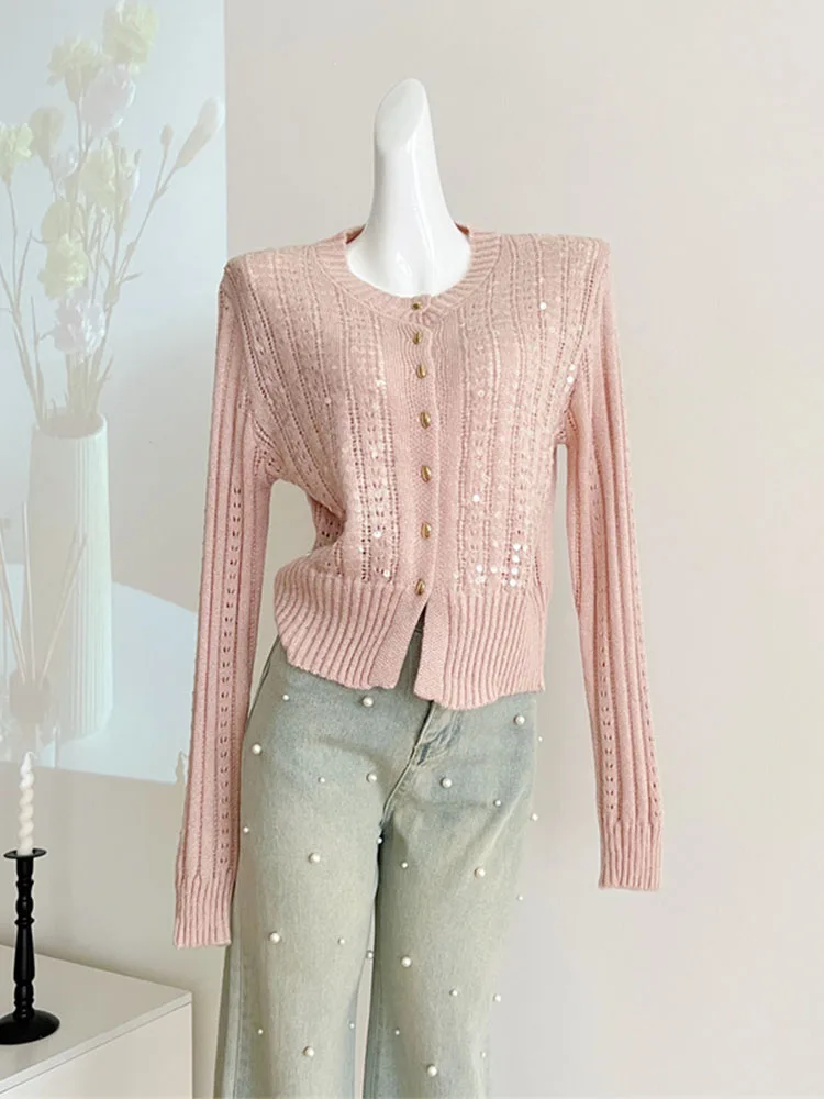 Women O-Neck Long Sleeve Knitted Sweater Fashion New Sequins Design Mohair Tops Autumn French Elegance Single Breasted Cardigan