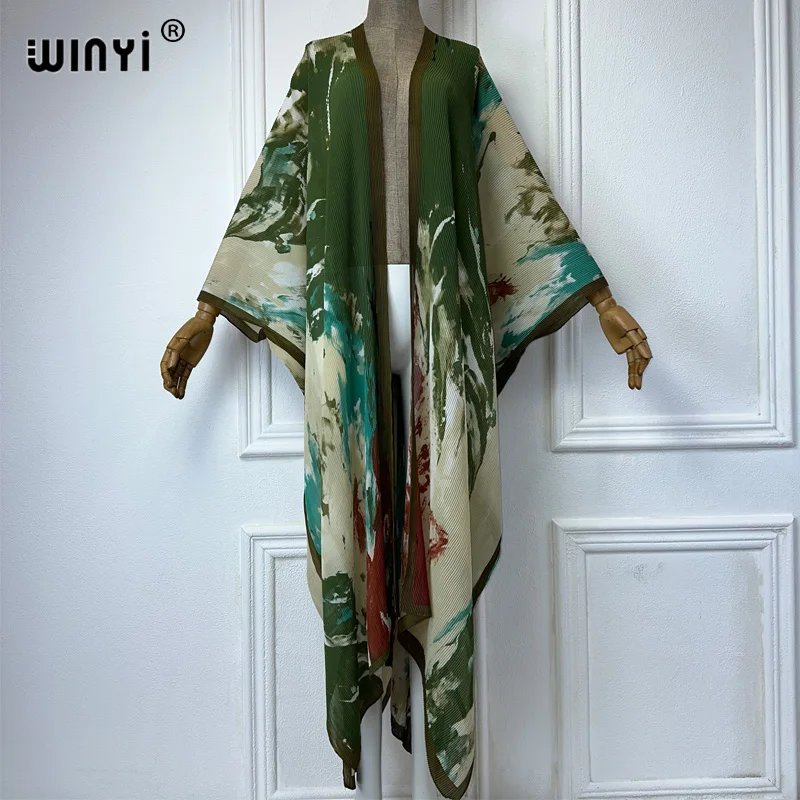 WINYI summer outfit kimono pieghettato Tie-dyed print cardigan Beach Wear abaya dubai luxury Holiday beach maxi dress fashion coat